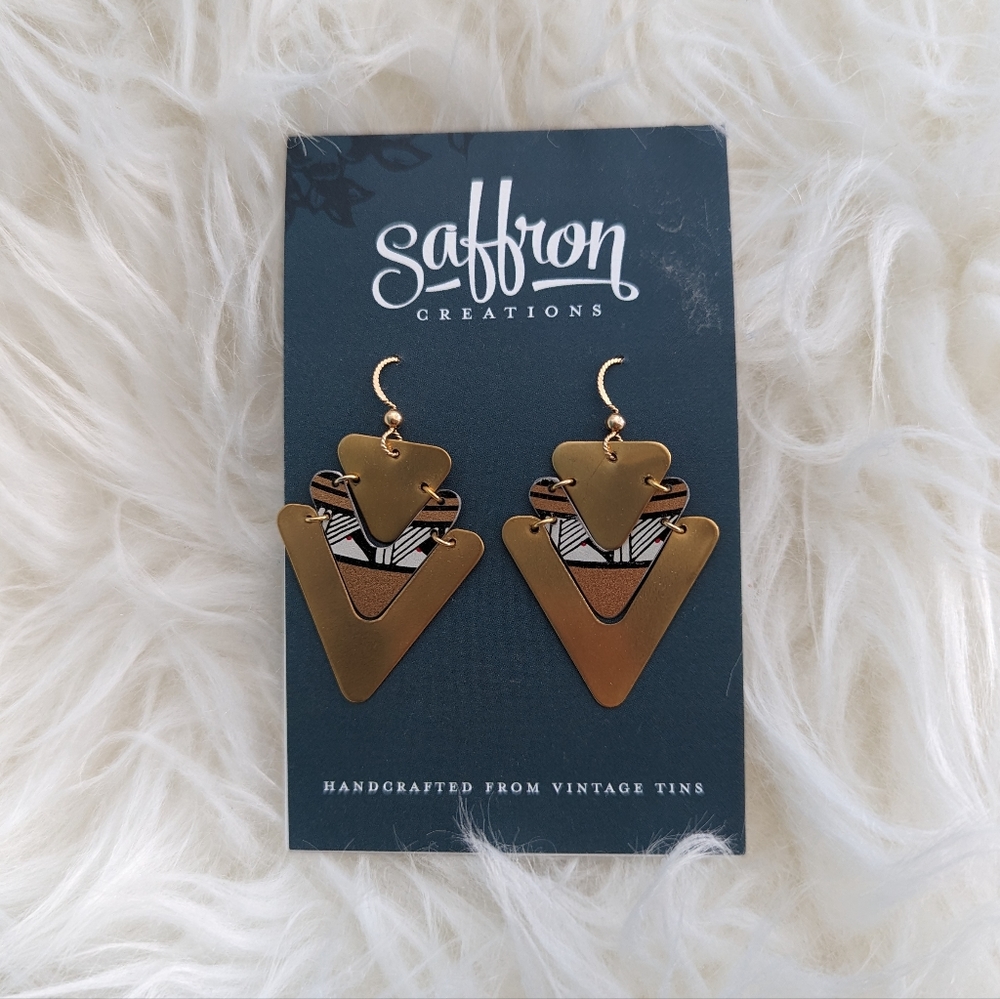 Saffron Creations Vintage Tin Handmade Earrings Brass and Geometric Print